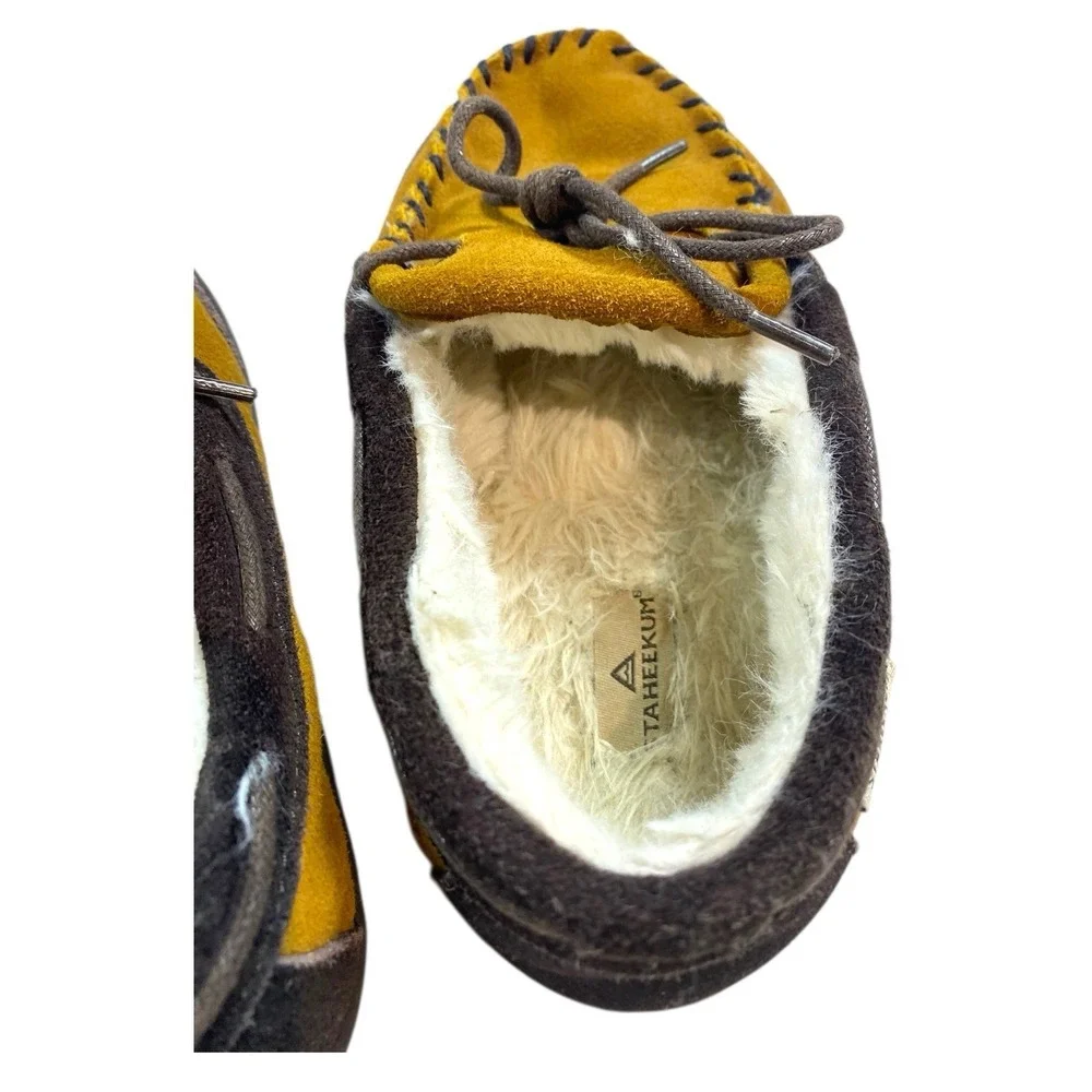 Staheekum Suede Moccasin Slippers Brown Tan Faux Fur Lined Indoor Outdoor Size 1
